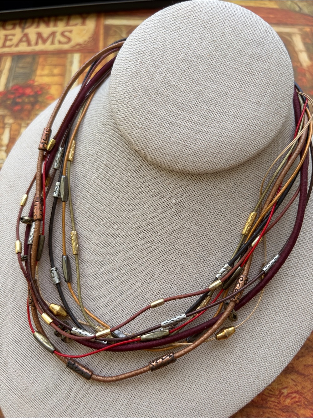 Chico's Multi-Strand Leather and Metal Bead Necklace in Burgundy, Brown, Gold